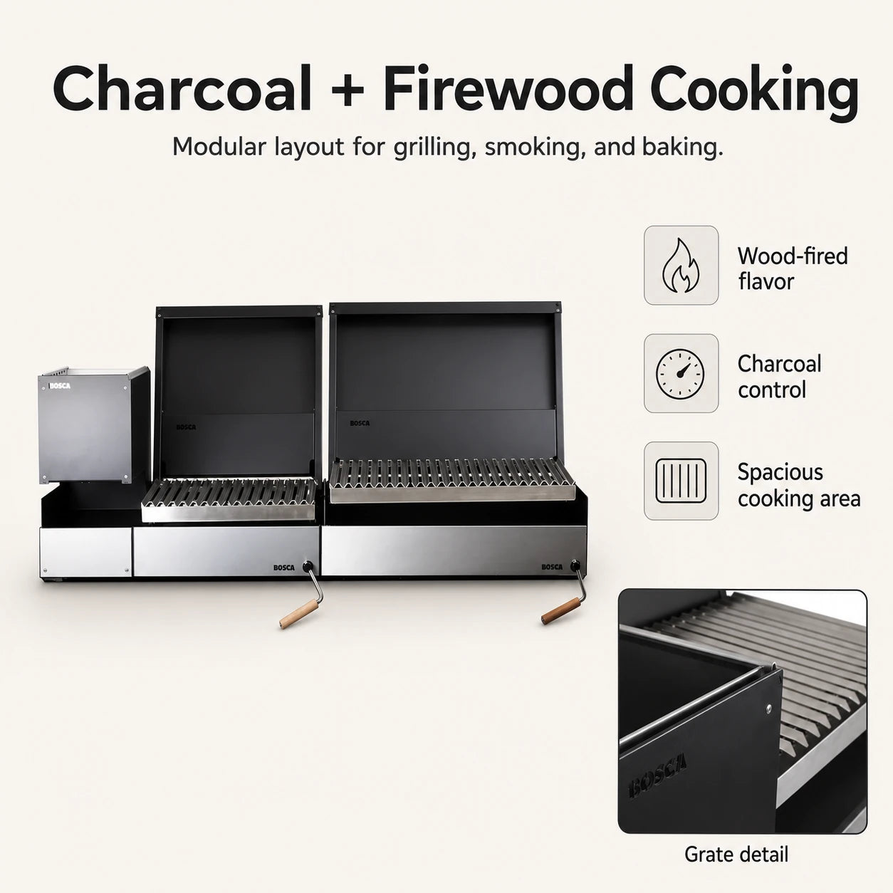 Bosca Pack Block Wood Brazier 250 + Block 500 20" Built-in Charcoal Grill + Block 750 30" Built-in Grill | BOSCA