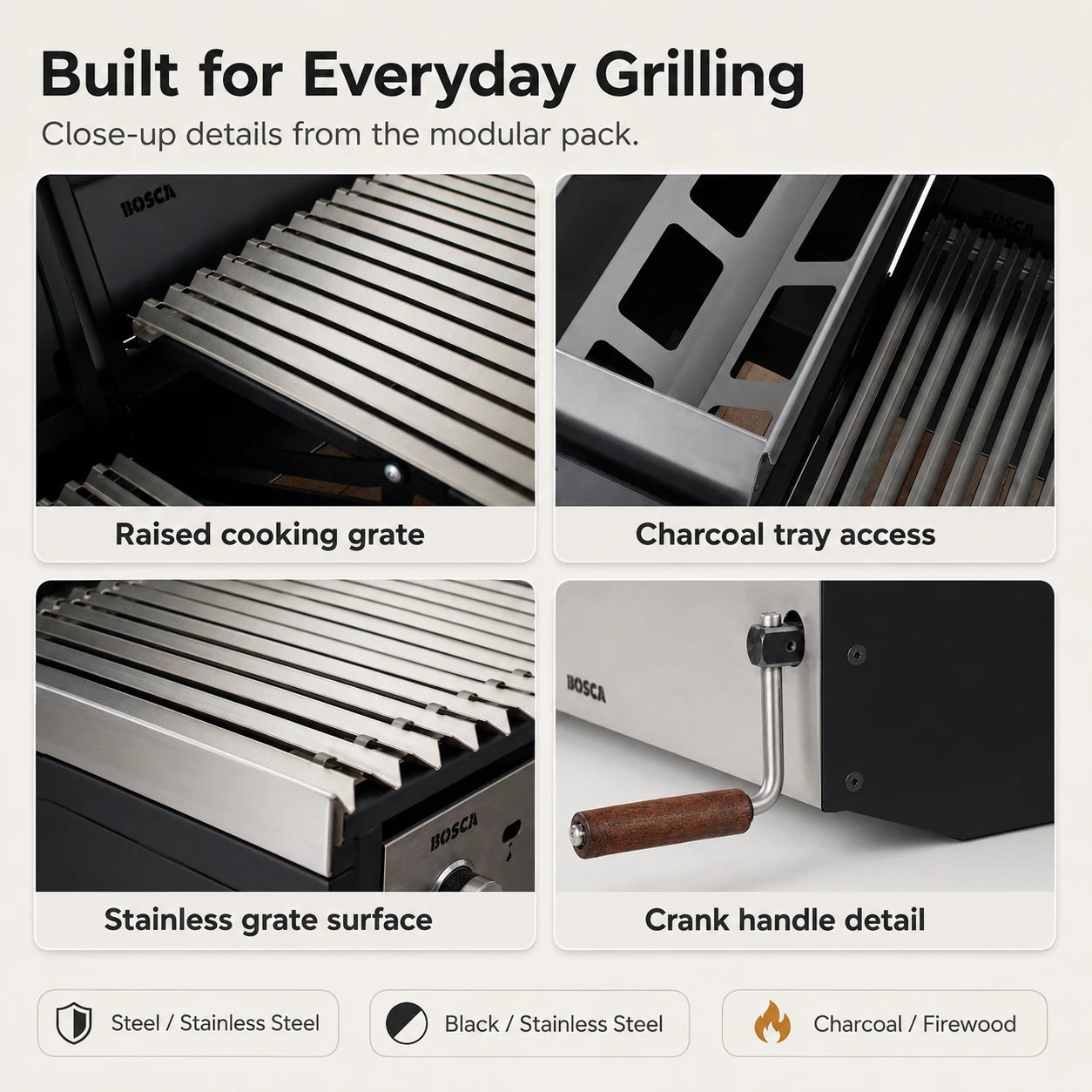 Bosca Pack Block Wood Brazier 250 + Block 500 20" Built-in Charcoal Grill + Block 750 30" Built-in Grill | BOSCA