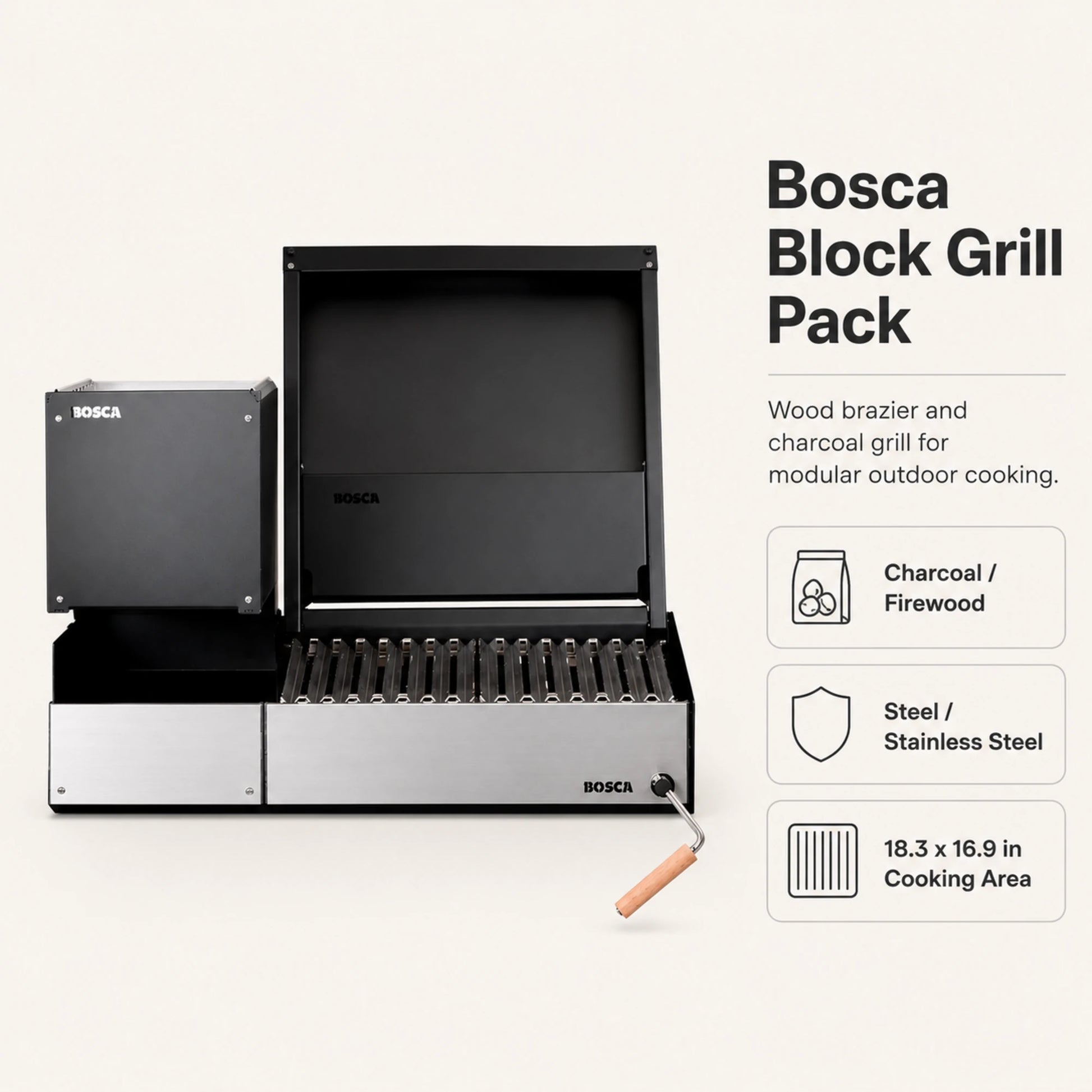 Bosca Block Wood Brazier 250 + Block 500 20" Built-in Charcoal Grill | BOSCA