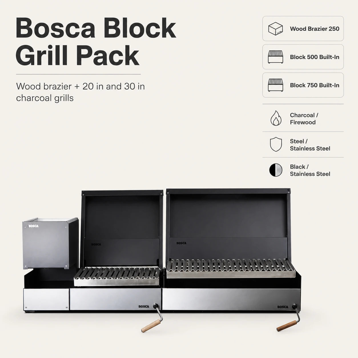 Bosca Pack Block Wood Brazier 250 + Block 500 20" Built-in Charcoal Grill + Block 750 30" Built-in Grill | BOSCA