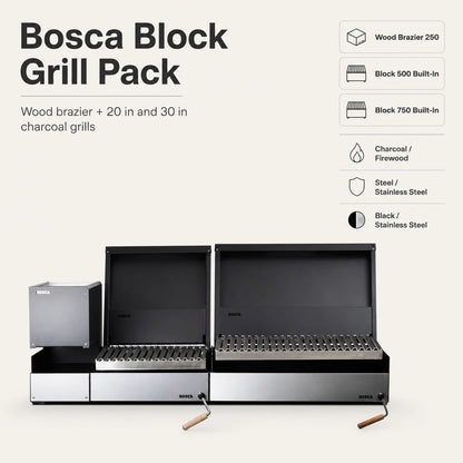 Bosca Pack Block Wood Brazier 250 + Block 500 20" Built-in Charcoal Grill + Block 750 30" Built-in Grill | BOSCA