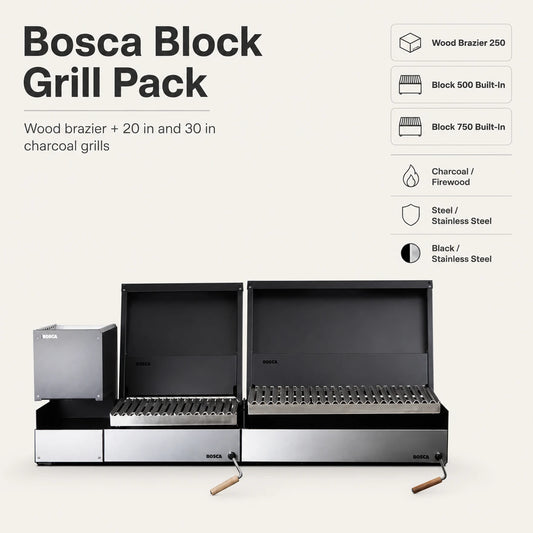 Bosca Pack Block Wood Brazier 250 + Block 500 20" Built-in Charcoal Grill + Block 750 30" Built-in Grill | BOSCA