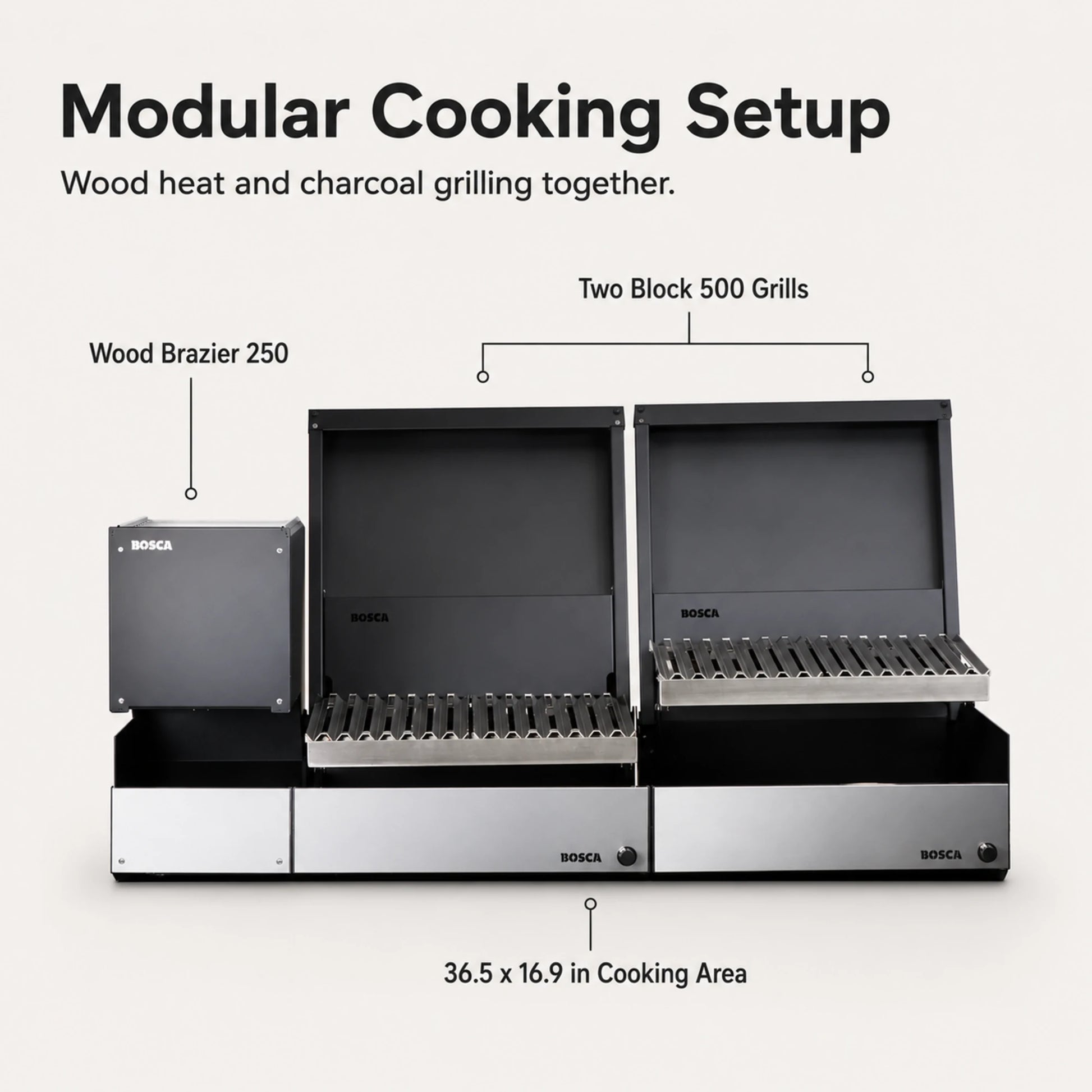 Bosca Pack Block Wood Brazier 250 + Block 500 20" + Block 500 20" Built-in Charcoal Grill | BOSCA