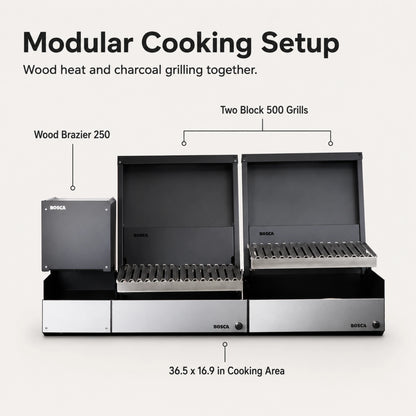 Bosca Pack Block Wood Brazier 250 + Block 500 20" + Block 500 20" Built-in Charcoal Grill | BOSCA