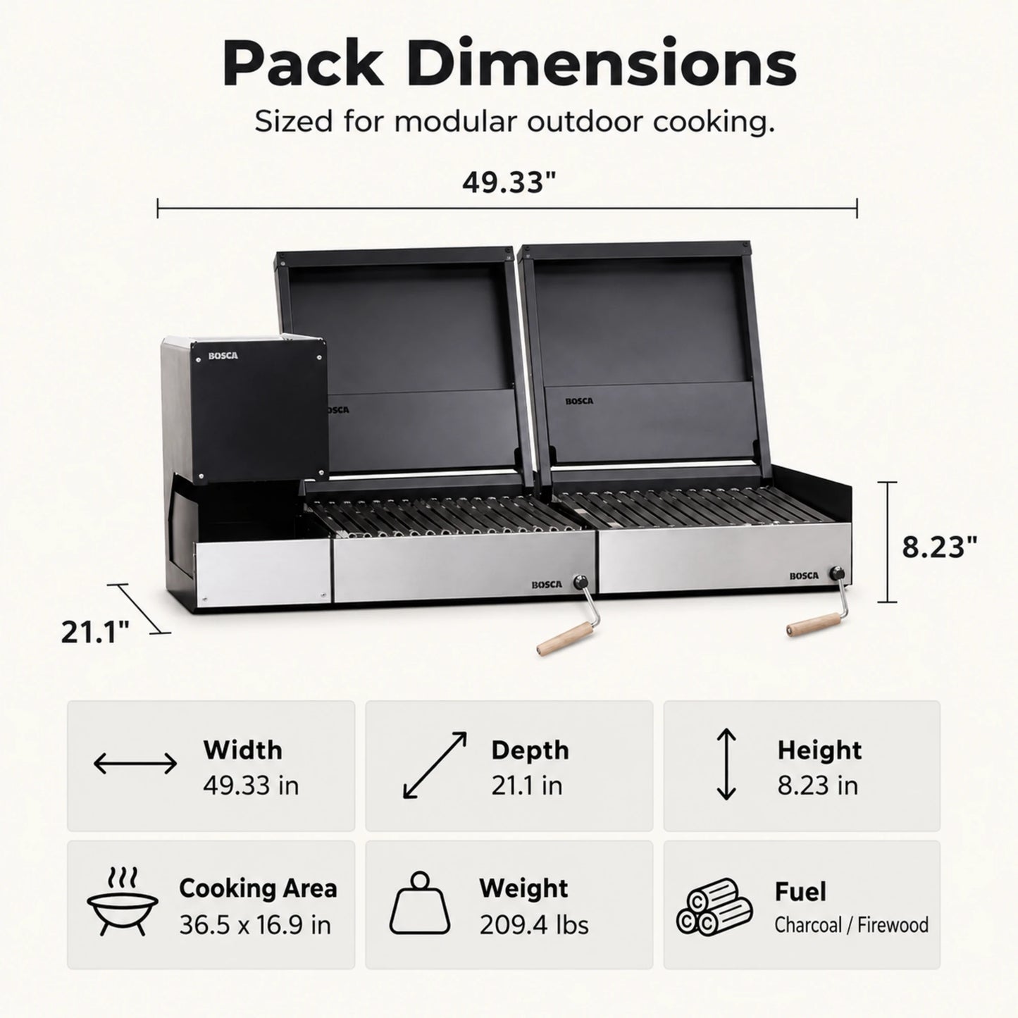 Bosca Pack Block Wood Brazier 250 + Block 500 20" + Block 500 20" Built-in Charcoal Grill | BOSCA