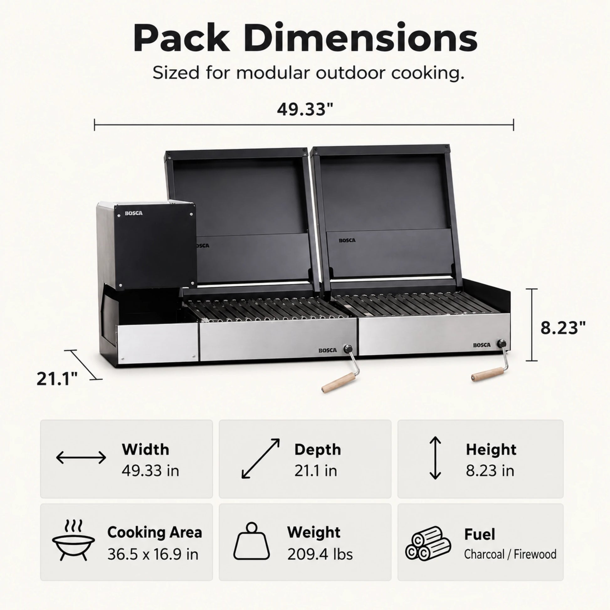 Bosca Pack Block Wood Brazier 250 + Block 500 20" + Block 500 20" Built-in Charcoal Grill | BOSCA